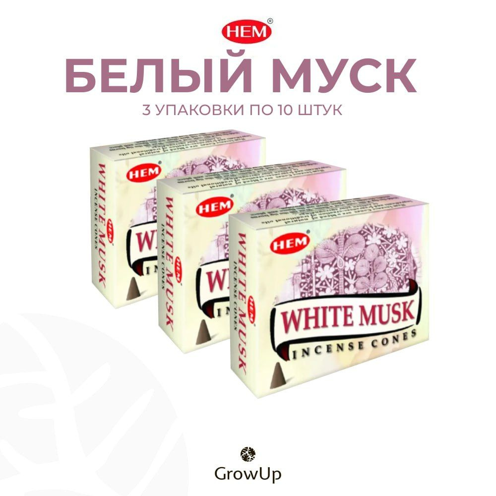 HEM Белый мускус (Муск) - 3 упаковки по 10 шт - ароматические благовония, конусовидные, конусы с подставкой, #1