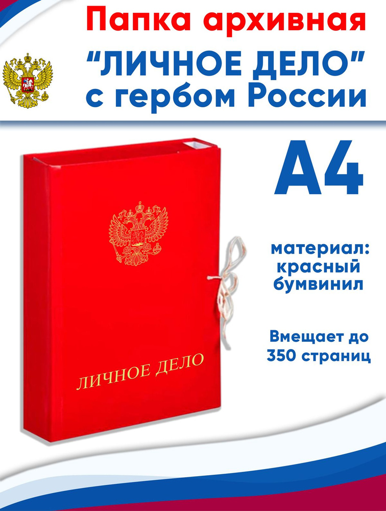 Папка архивная А4 Attache, бумвинил, ширина 5 см, 4 завязки, до 350 стр (личное дело с гербом РФ)  #1