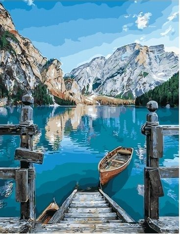 Картина по номерам 40х50 см на подрамнике "альпийское озеро и лодка у причала" DVEKARTINKI  #1
