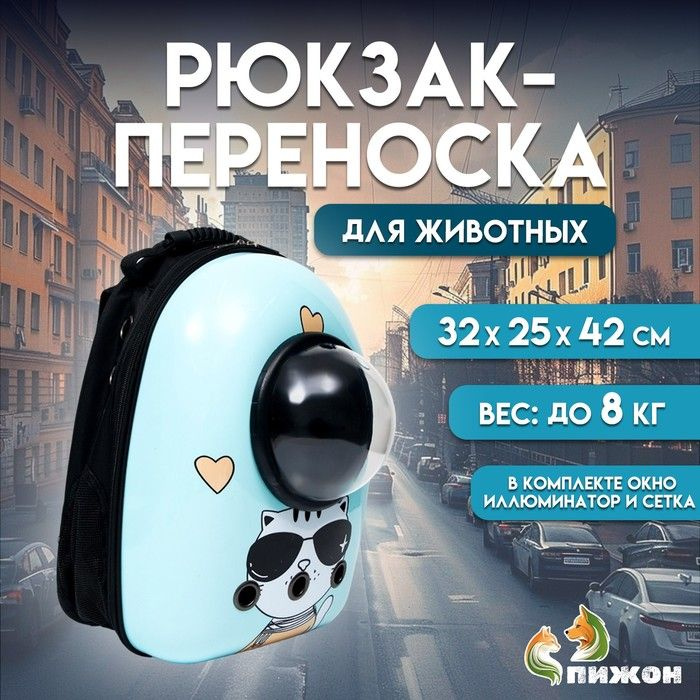 Рюкзак для переноски кошек Гламуррр , с окном для обзора, 32 х 25 х 42 см, голубой  #1