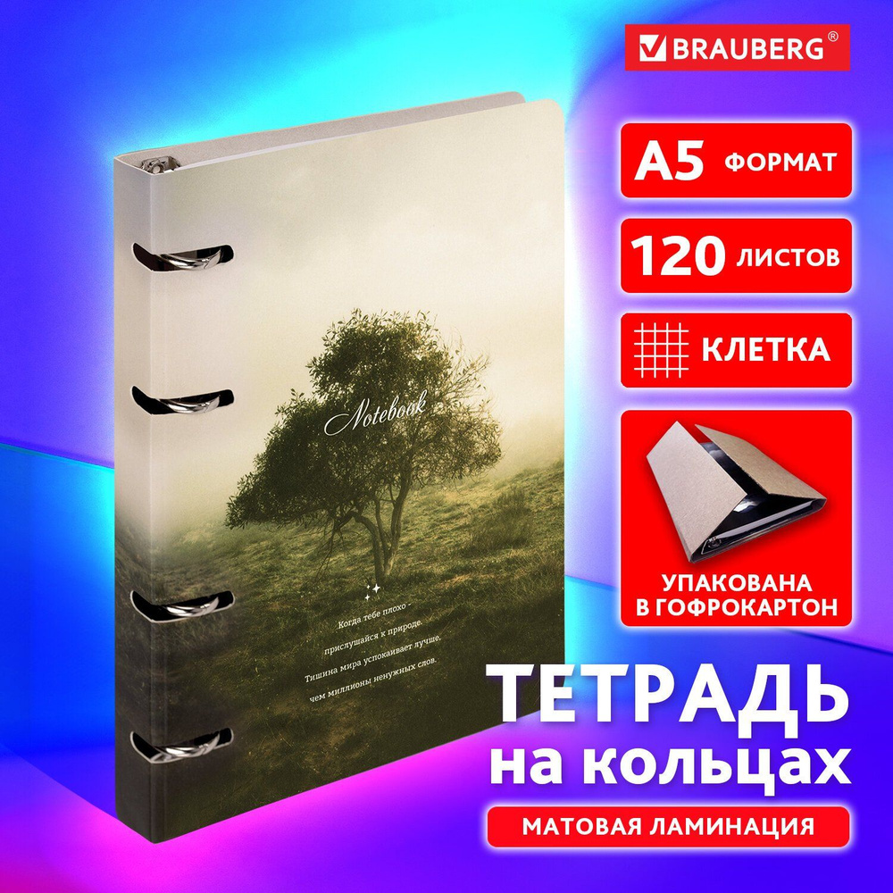 Тетрадь на кольцах А5 160х212мм, 120л, картон,матовая ламинация, клетка, Relax  #1