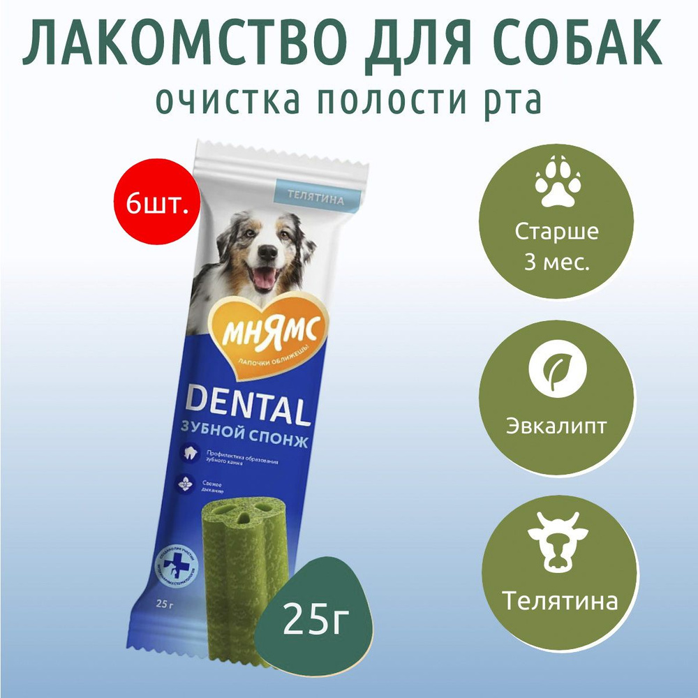 Лакомство Мнямс DENTAL 150 г (6 упаковок по 25 грамм) для собак "Зубные спонжи" с эвкалиптом  #1