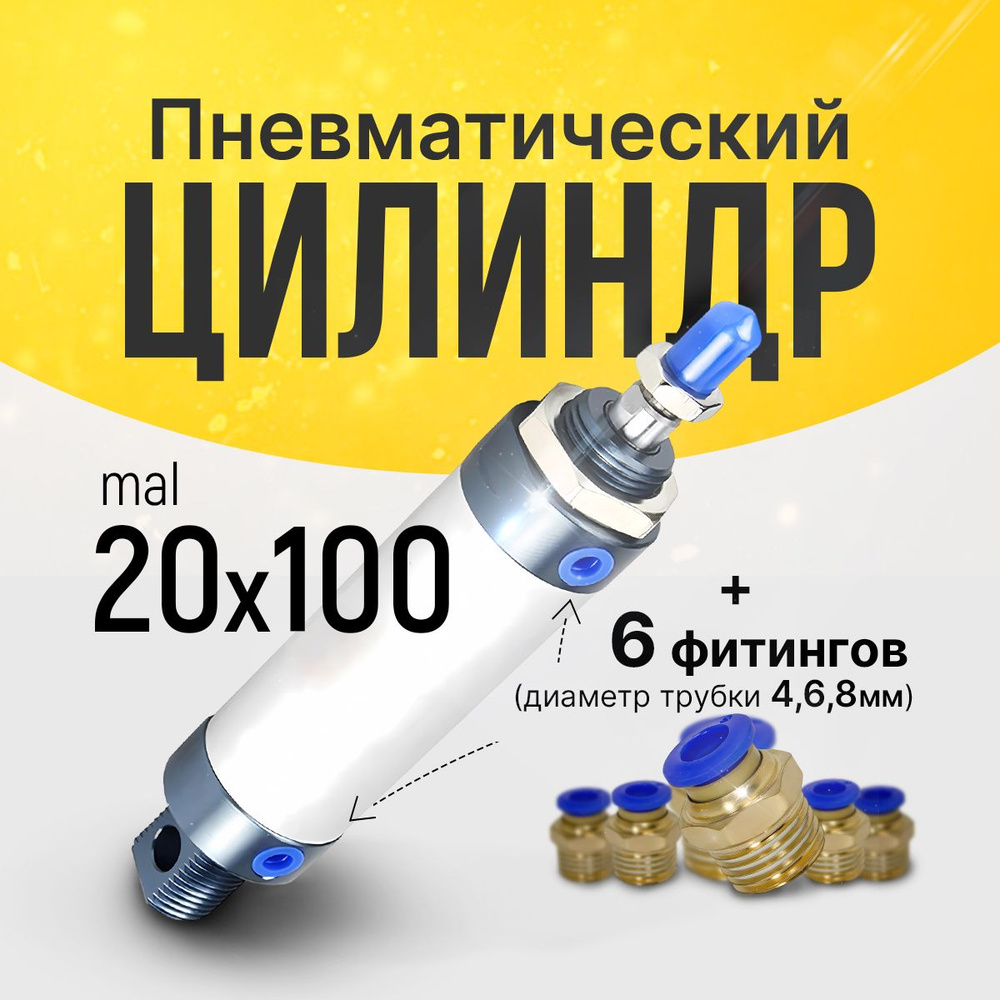 Пневмоцилиндр RAL (MAL) 20х100 + 6шт. фитингов #1