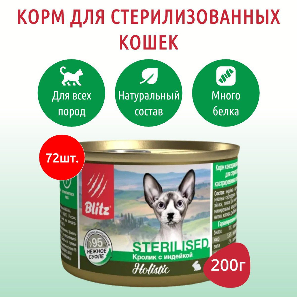 Влажный корм Blitz Holistic Sterilised 14400 г (72 упаковки по 200 грамм) для стерилизованных кошек и #1