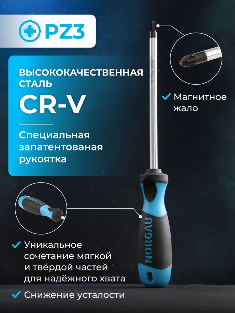 Отвертка Pozidriv NORGAU Industrial из стали CrV с запатентованной рукояткой и магнитным жалом PZ3  #1