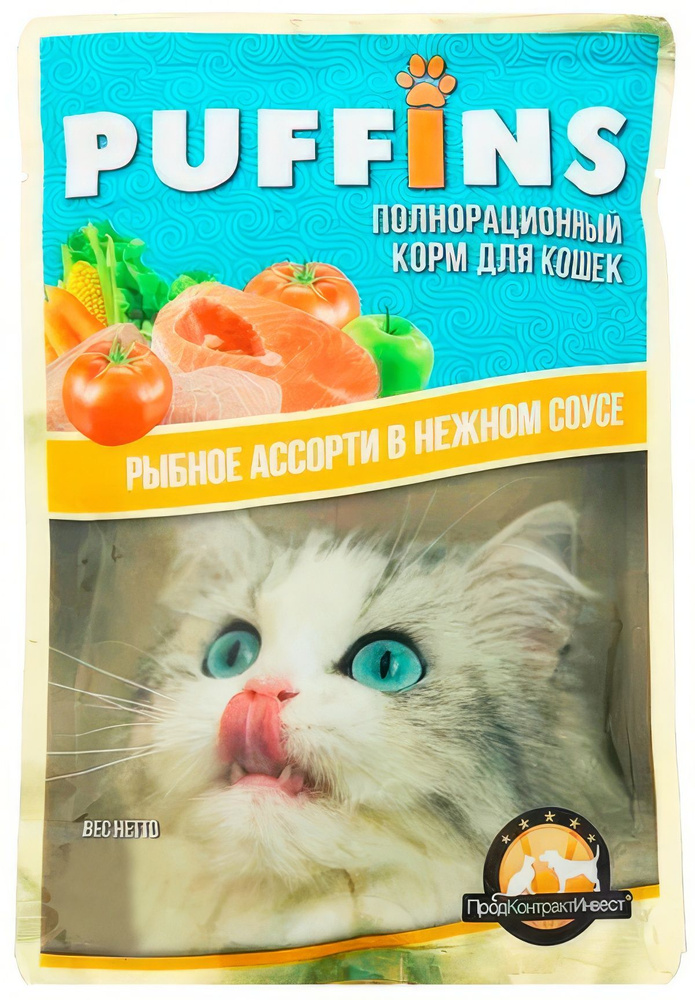 Корм Puffins (в соусе) для кошек, рыбное ассорти, 100 г x 24 шт #1