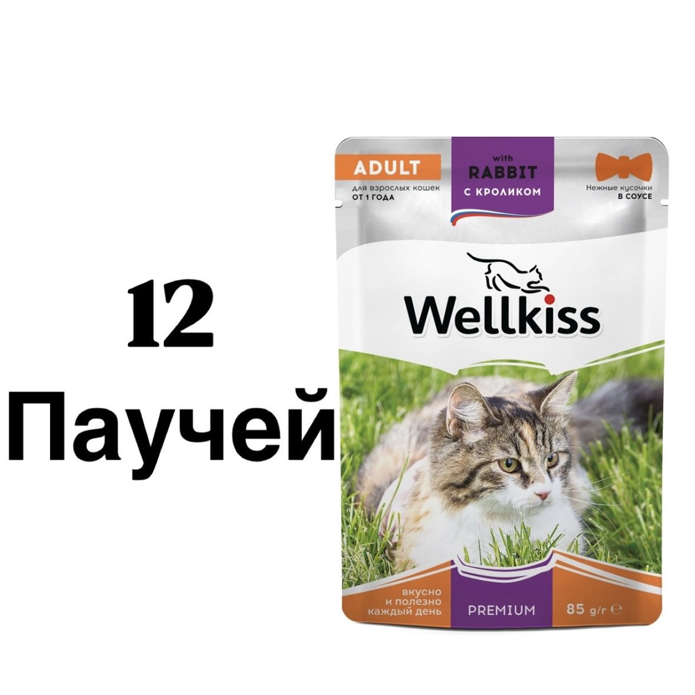 12 ШТ. Wellkiss Adult Влажный корм (пауч) для кошек, с кроликом в соусе, 85 гр.  #1