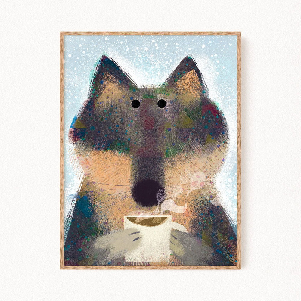 Новогодний постер "Wolf with Coffee", 30х40 см #1