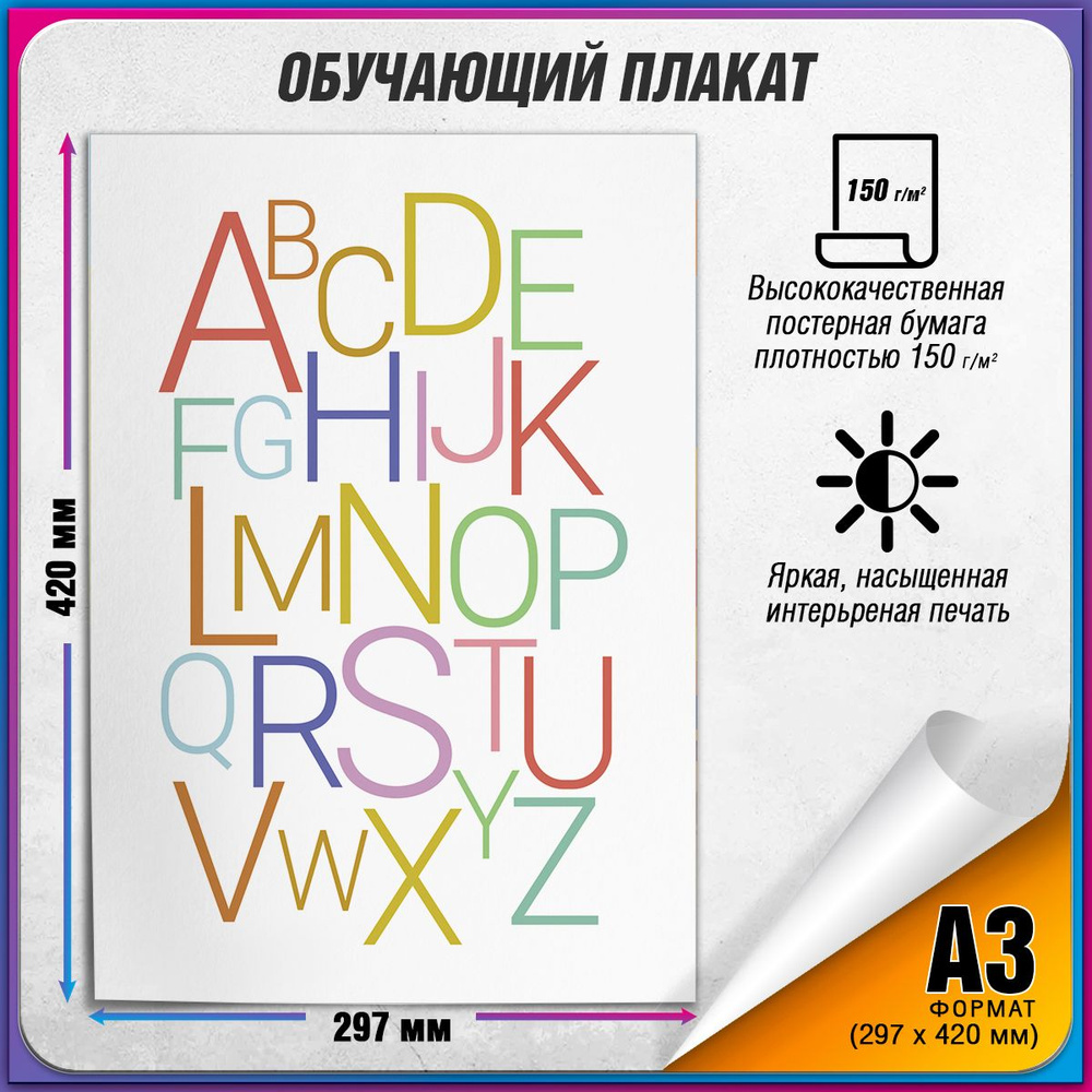 Плакат для обучения детей "Английский алфавит цветной" / А-3 (30x42 см.)  #1