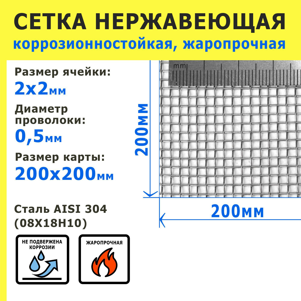 Сетка нержавеющая 2,0х2,0х0,5 мм для фильтрации, защиты от насекомых, грызунов. Сталь AISI 304 (08Х18Н10). #1