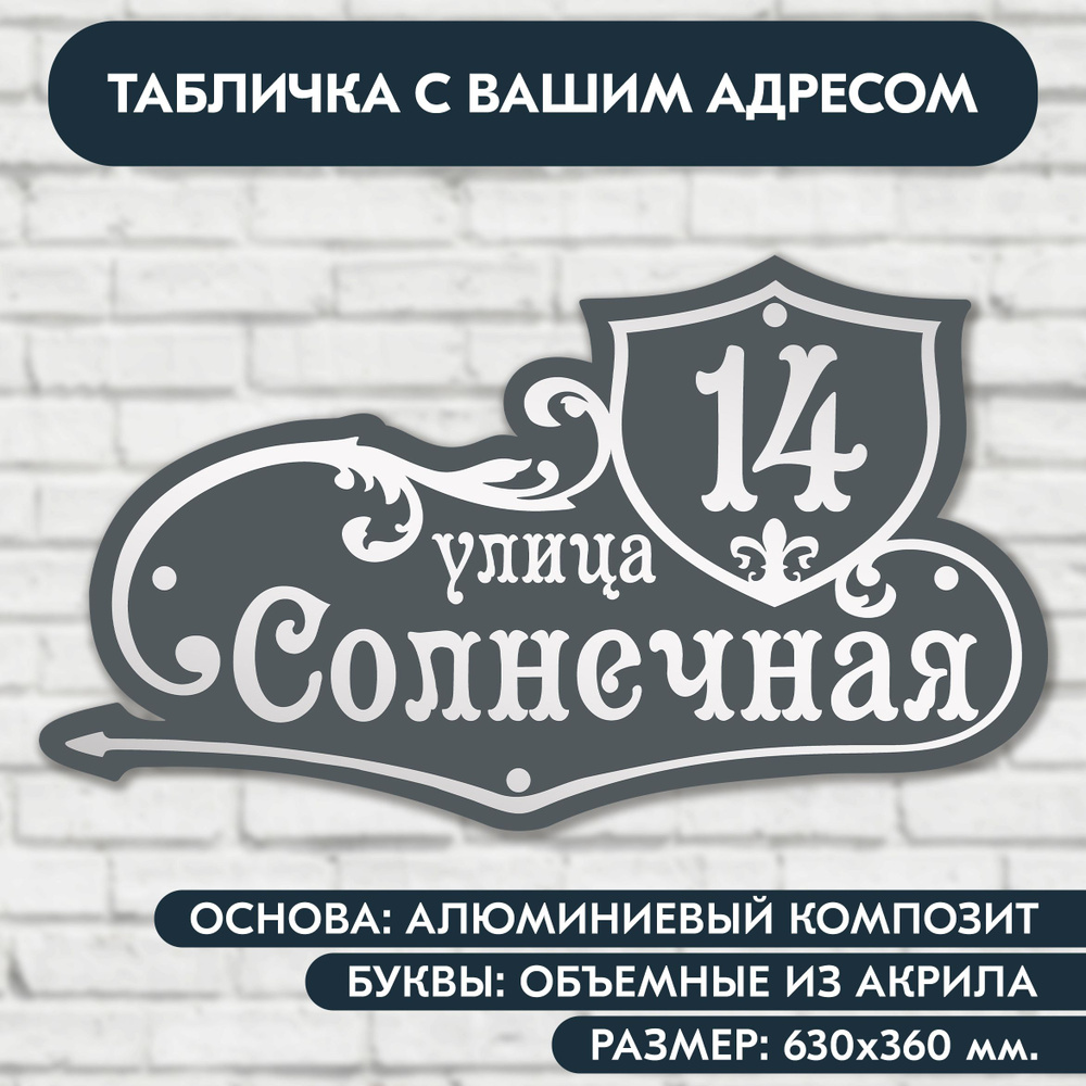 Адресная табличка на дом 630х360 мм. с объёмными буквами из акрила с зеркальным серебром, в основе алюминиевый #1