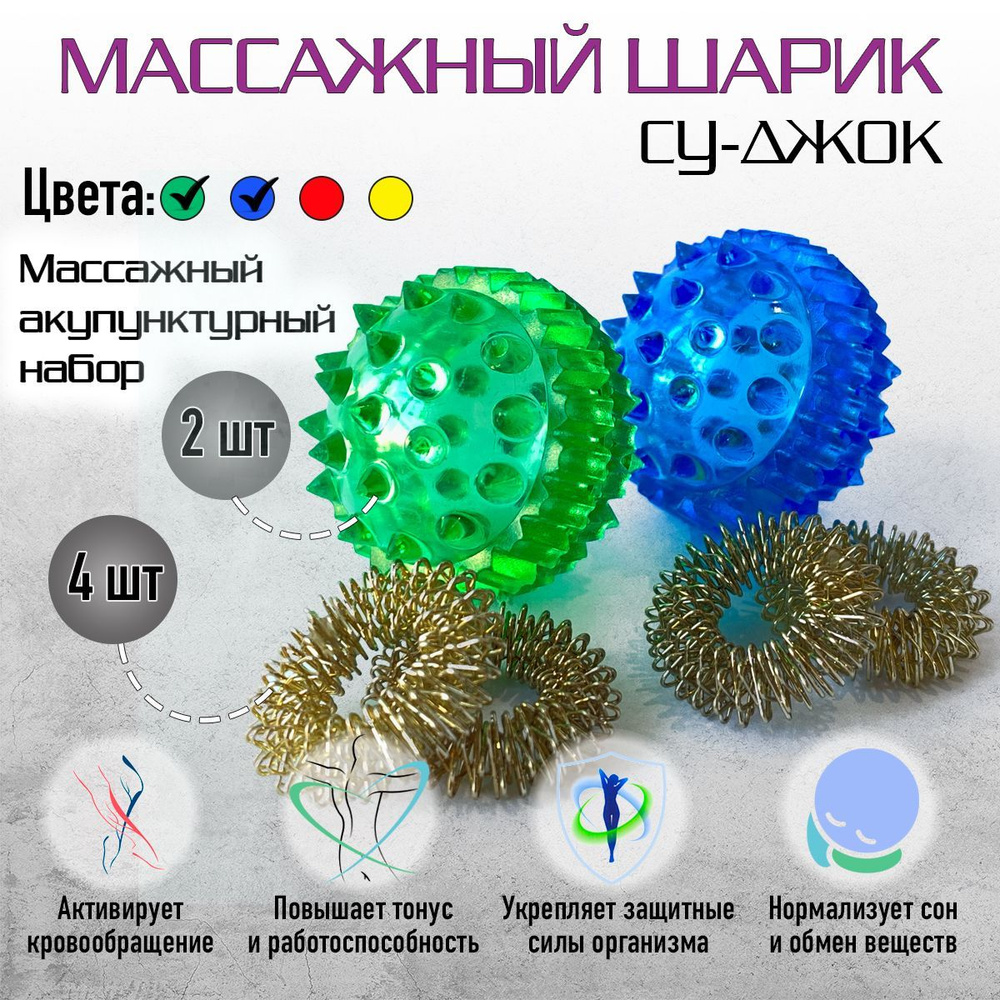 Шарик массажный Су Джок для массажа рук, пальцев, ног 2 шарика + 4 кольца зеленый-синий  #1