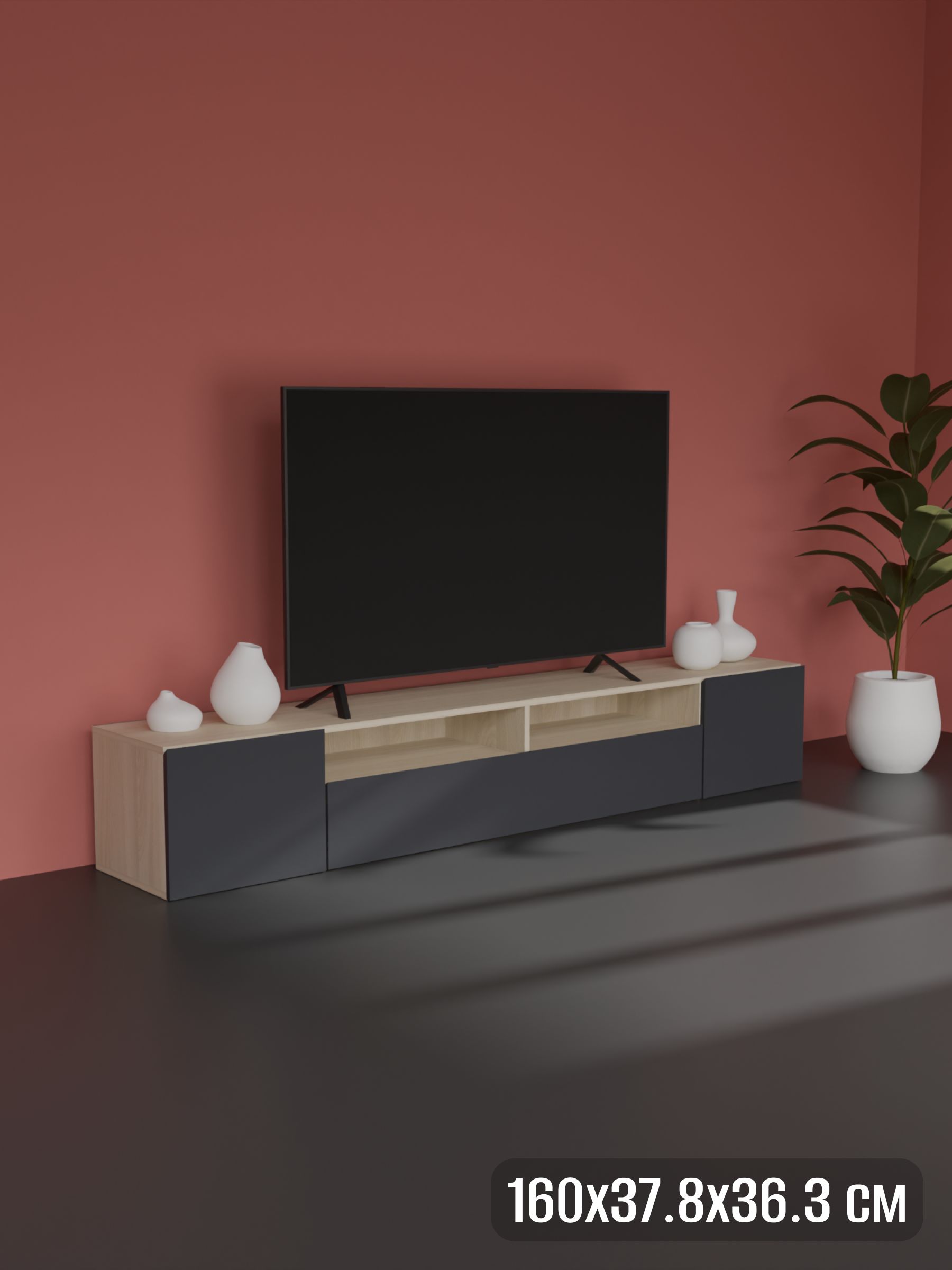 ТумбаподтелевизорГОРИЗОНТ160х37.8х36.3см,ясеньшимосв/фасадграфит