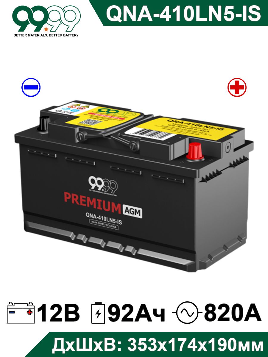Аккумуляторстартерный9999AGMQNA-410LN5-IS12V92Ah(12В92Ач)820А(353x174x190)L5дляAUDI,BMW,HYUNDAI,KIA,MERCEDES-BENZOPELRENAULTTOYOTAVOLKSWAGEN