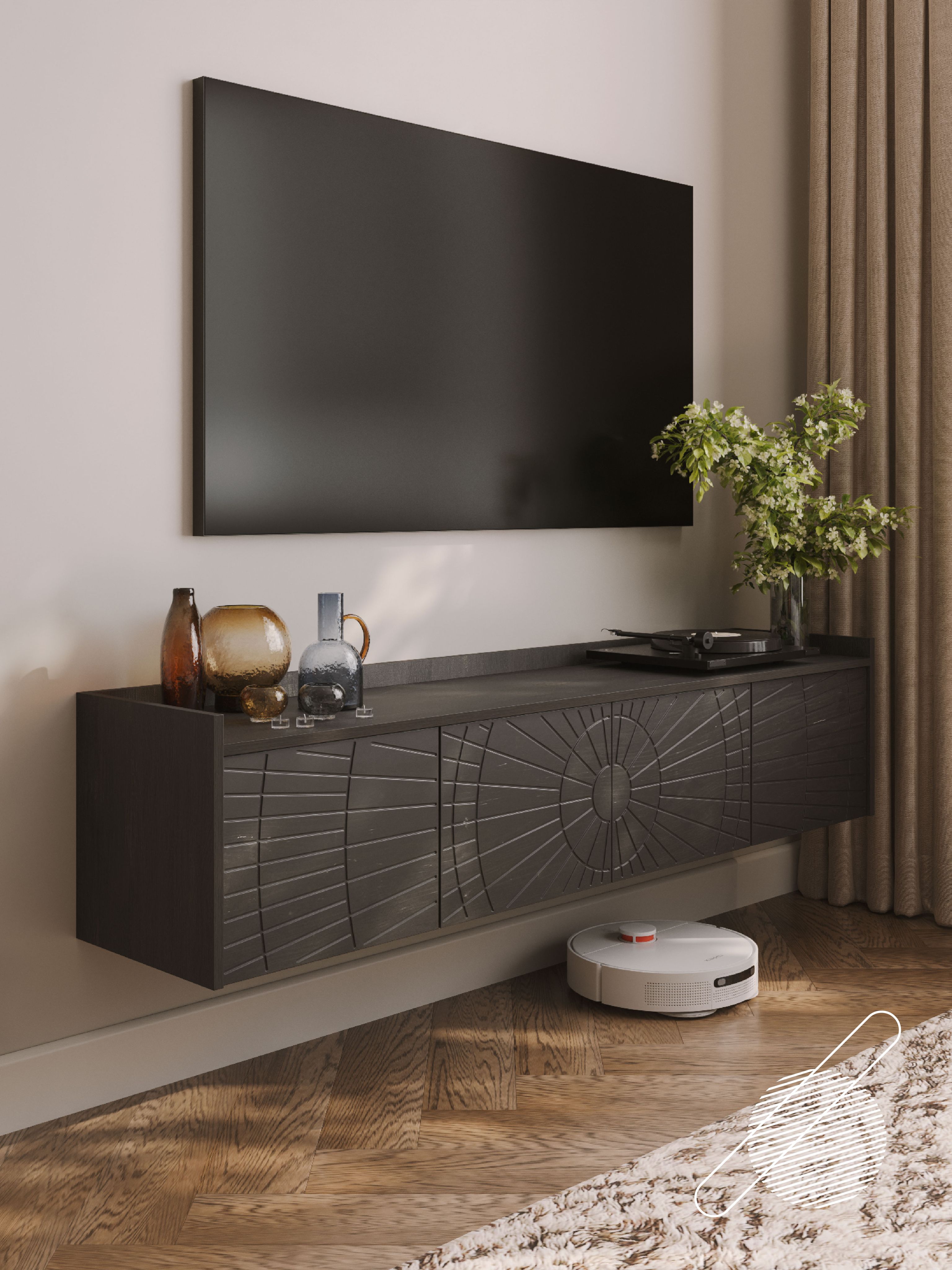 ТумбаподтелевизорподвеснаяSerena2,Интра+черно-серый,163х35х35,4