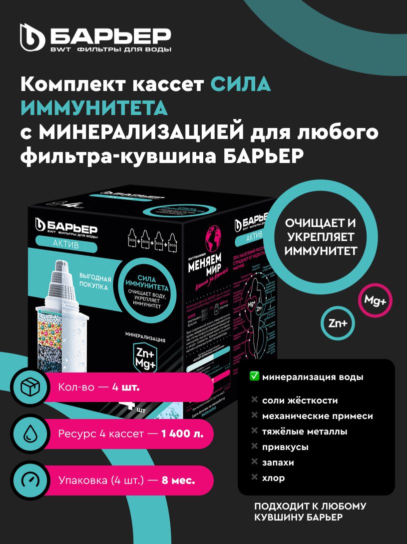 КартриджиБарьер"АктивСилаИммунитета"(упак.4шт.)дляфильтра-кувшина,удаляютнакипь,насыщаютводуцинкомимагнием
