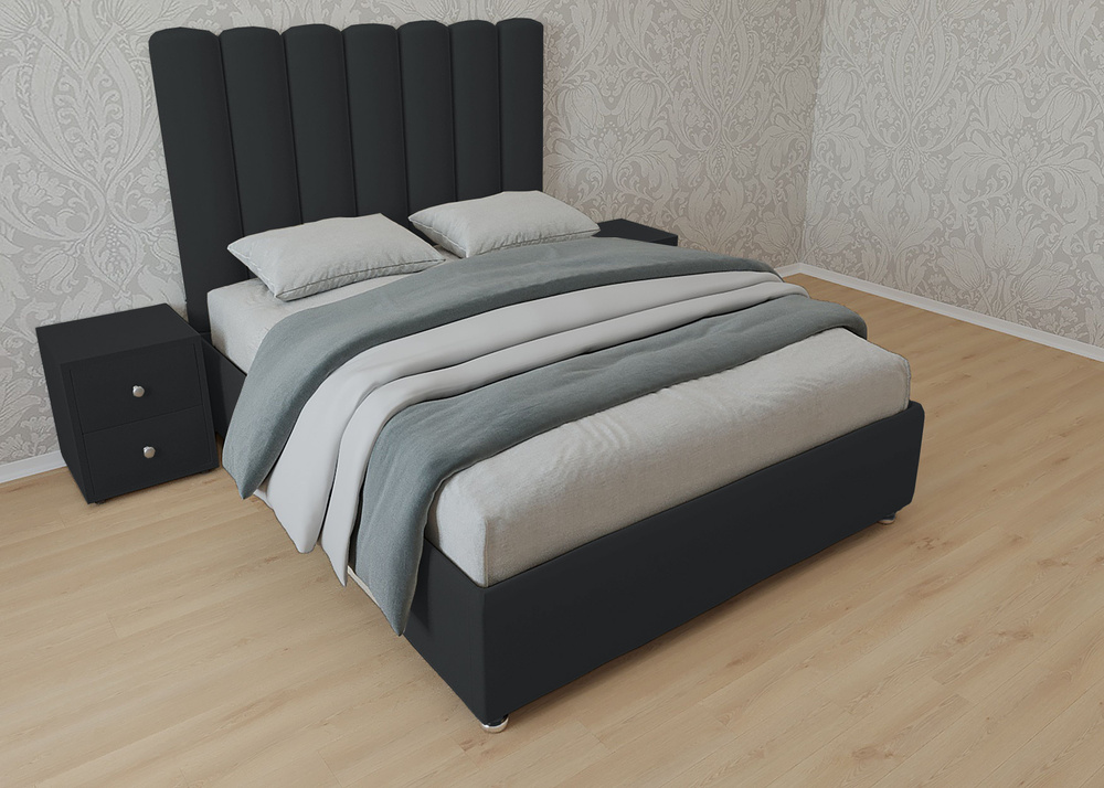 Двуспальная кровать Женева Нью 200x200 основание металлическое с ламелями велюр черный ножки 5 см  #1