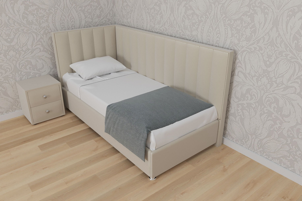 Односпальная кровать Сочи 90x200 основание металлическое с ламелями велюр бежевый ножки 5 см угол правый #1