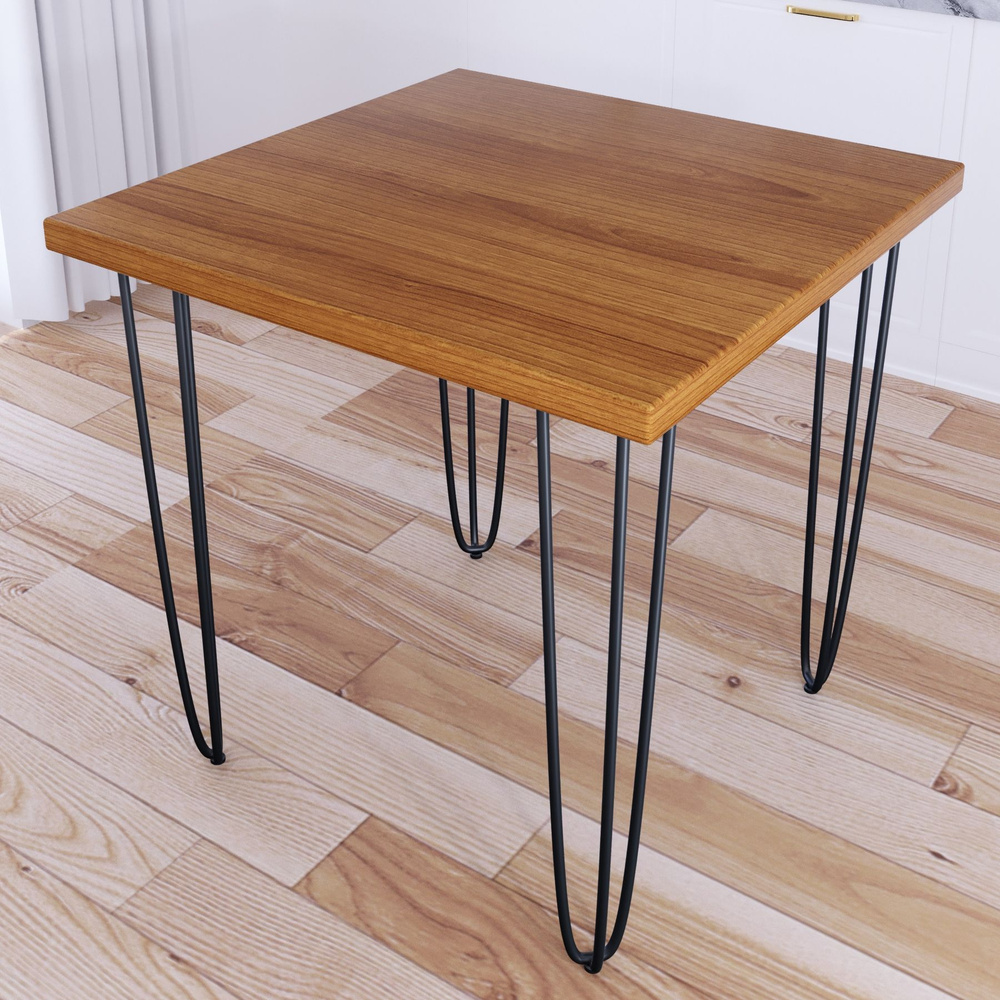 Стол кухонный Loft с квадратный столешницей цвета ольхи из массива сосны 40 мм и черными ножками-шпильками, #1