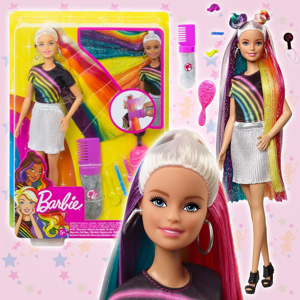 Кукла Barbie с радужной мерцающей прической #1