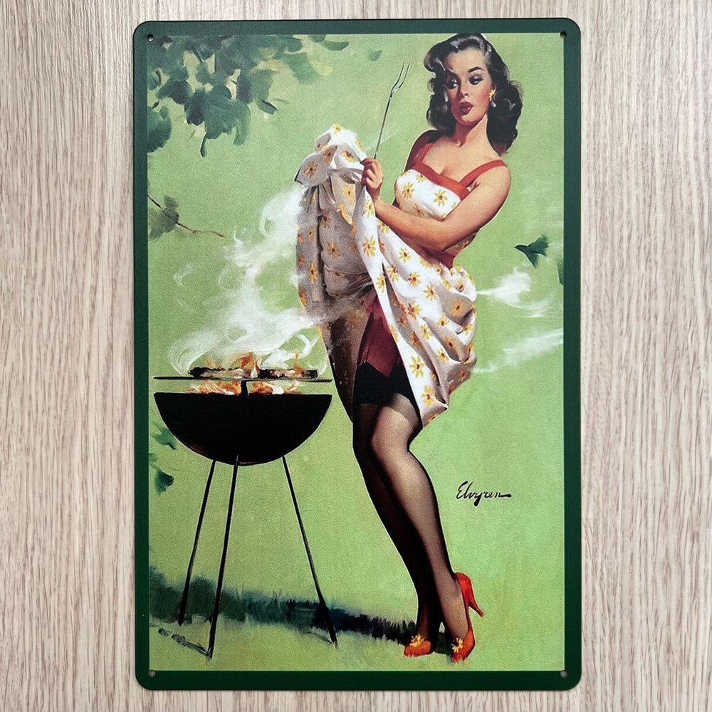 Табличка металлическая интерьерная Pin-Up Девушка Пинап BBQ Барбекю  #1