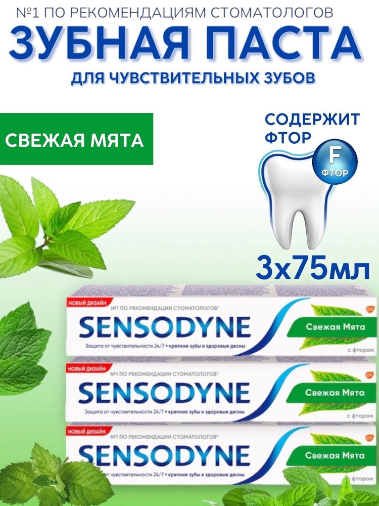 Sensodyne С Фтором для чувствительных зубов, мятный вкус, Зубная паста, 3 шт по 75 мл  #1