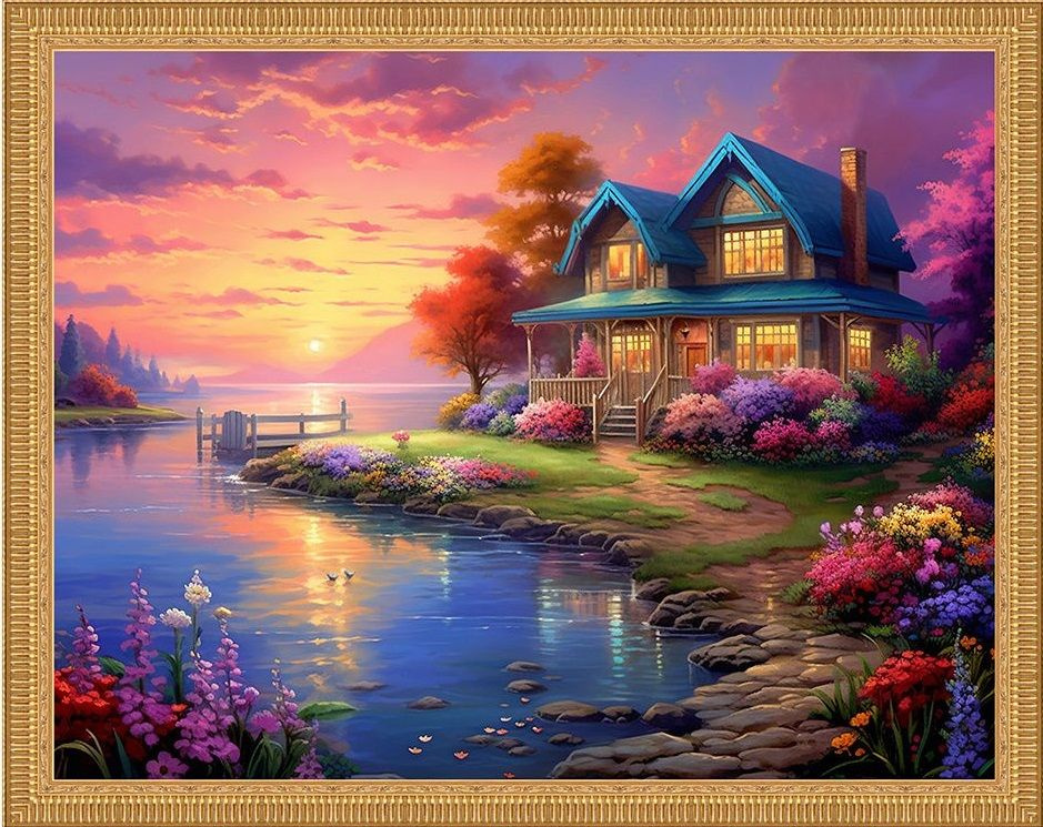 Алмазная мозаика WB11214 "Дом у озера" круглые стразы 40х50 см  #1