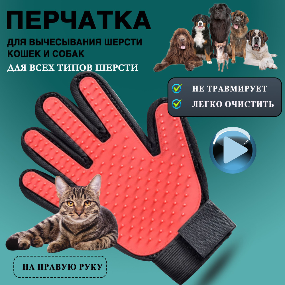 Перчатка для вычесывания шерсти кошек, собак, лошадей, кроликов красная правая  #1