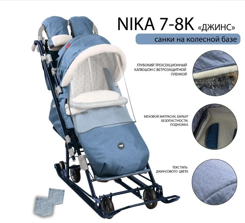 Утепленные санки-коляска на колесной базе Nika Ника Детям 7-8К/ цвет Синий джинс  #1