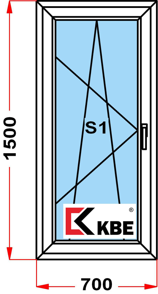 Окно пластиковое+москитка KBE 58 мм (1500 x 700), с поворотно-откидной створкой, стеклопакет из 2х стекол, #1