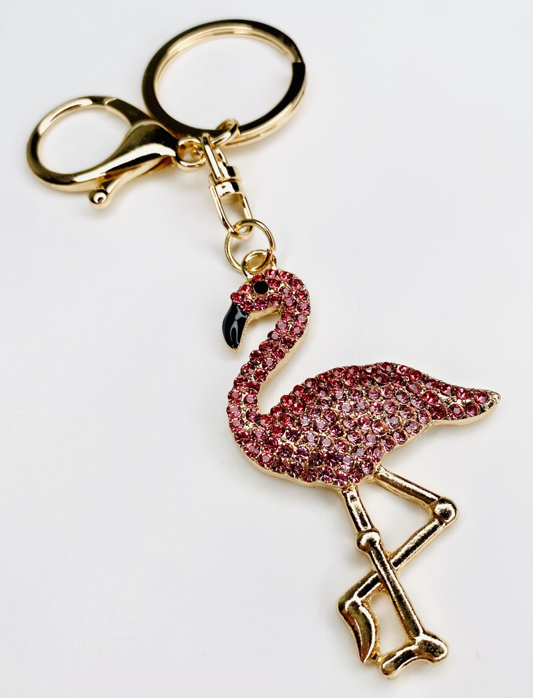 Брелок с карабином для ключей для сумки, большой золотой брелок с камнями, розовый фламинго с камнями #1