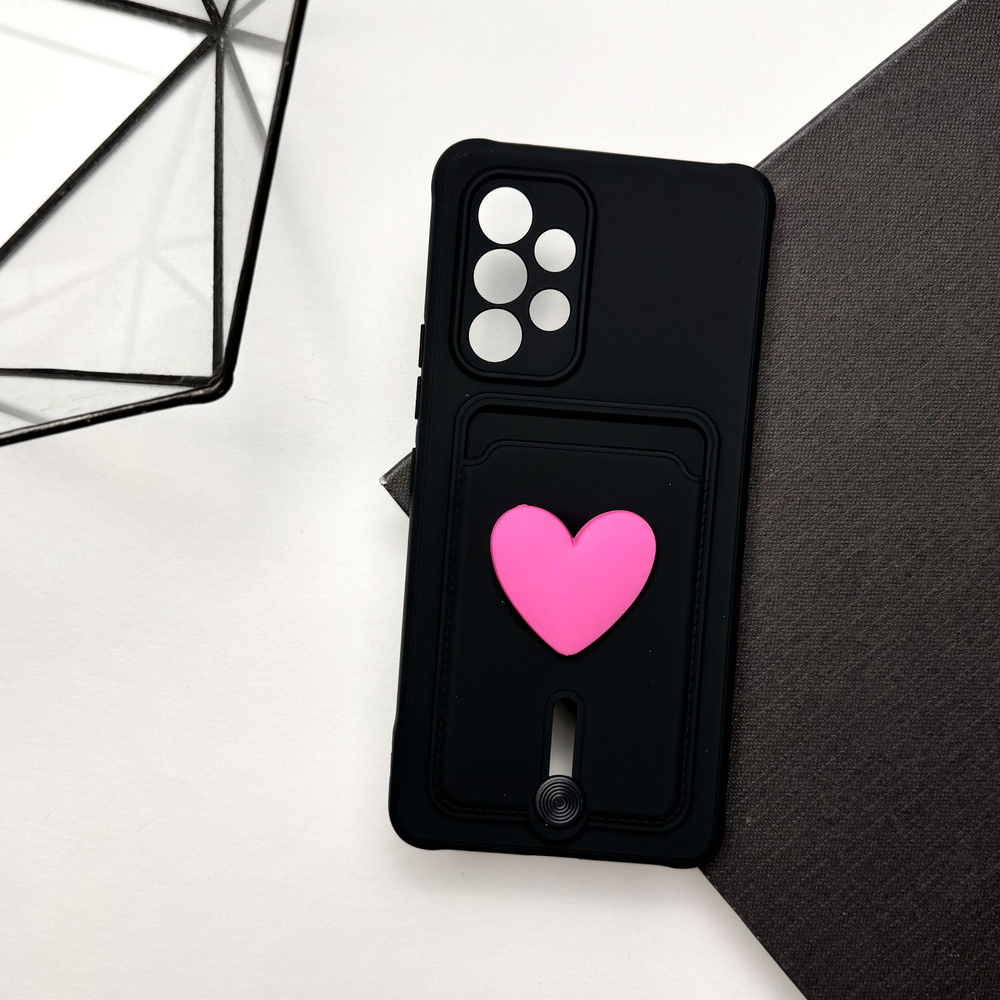 Чехол для Samsung A53 Черный Soft-touch с сердцем подачей и держателем для карт  #1