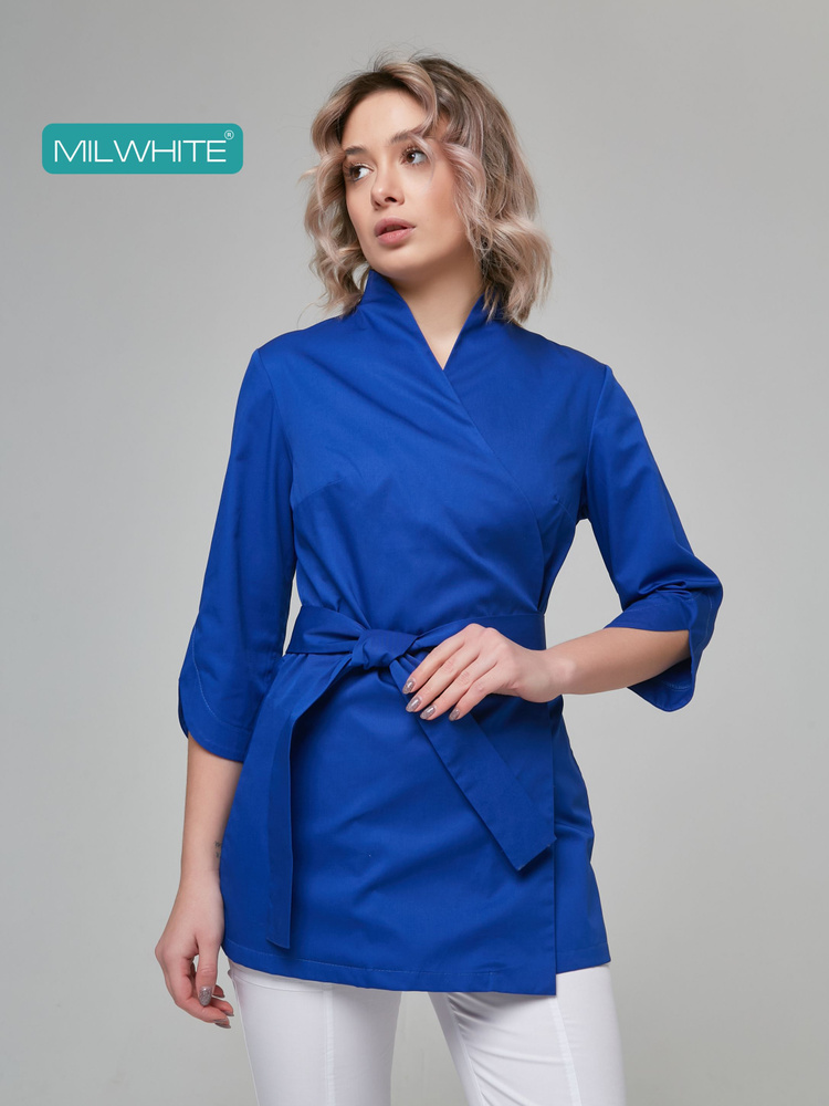 Блуза медицинская женская MILWHITE BLS-W-1210, рубашка удлиненная на запах с поясом  #1