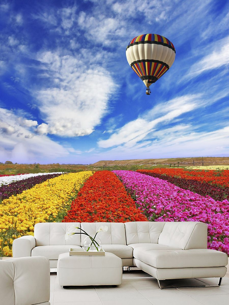 Фотообои воздушный шар и цветущие тюдьпаны на кухню 500х270  #1