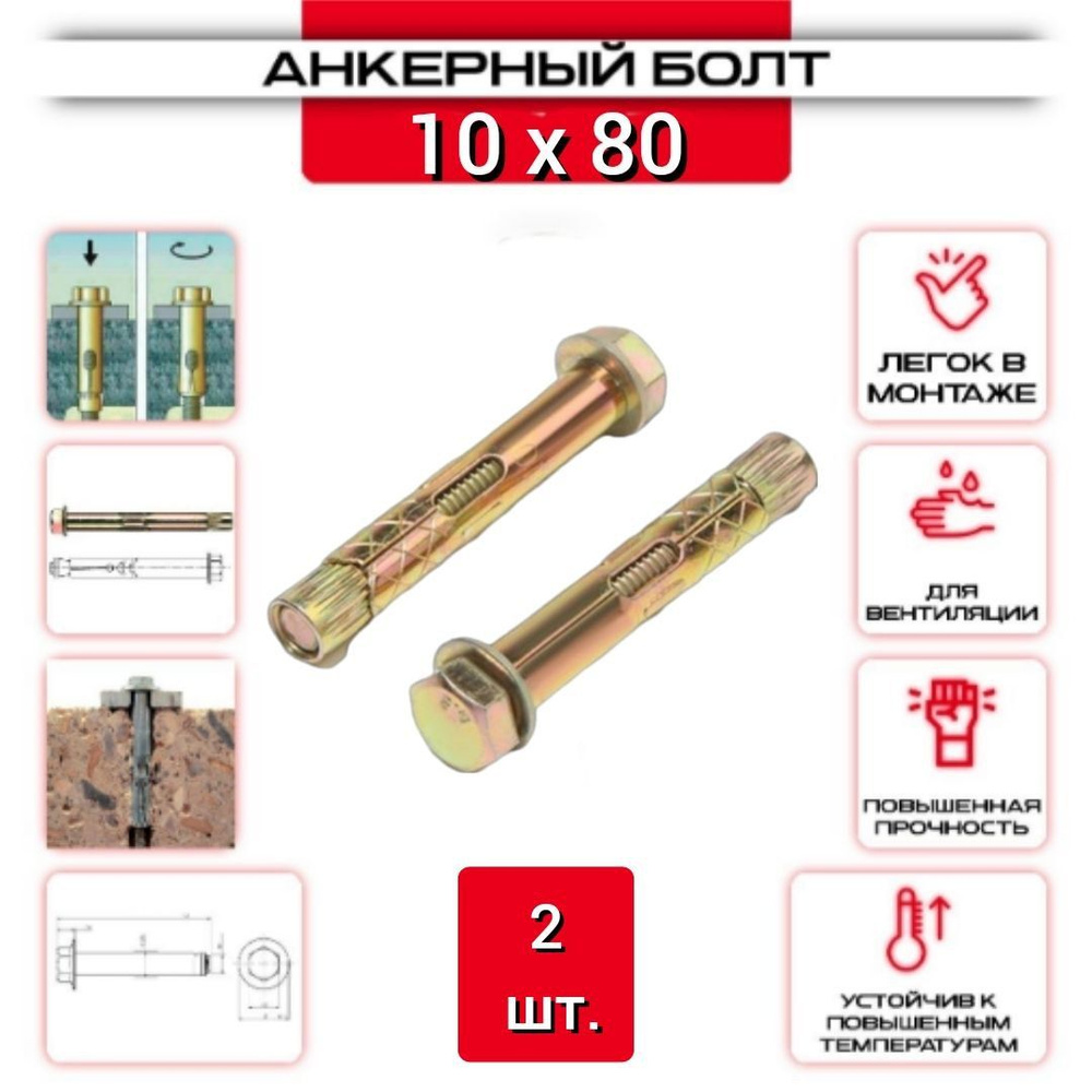 Анкерный болт с шестигранной головкой HBM 10*80-2 шт #1