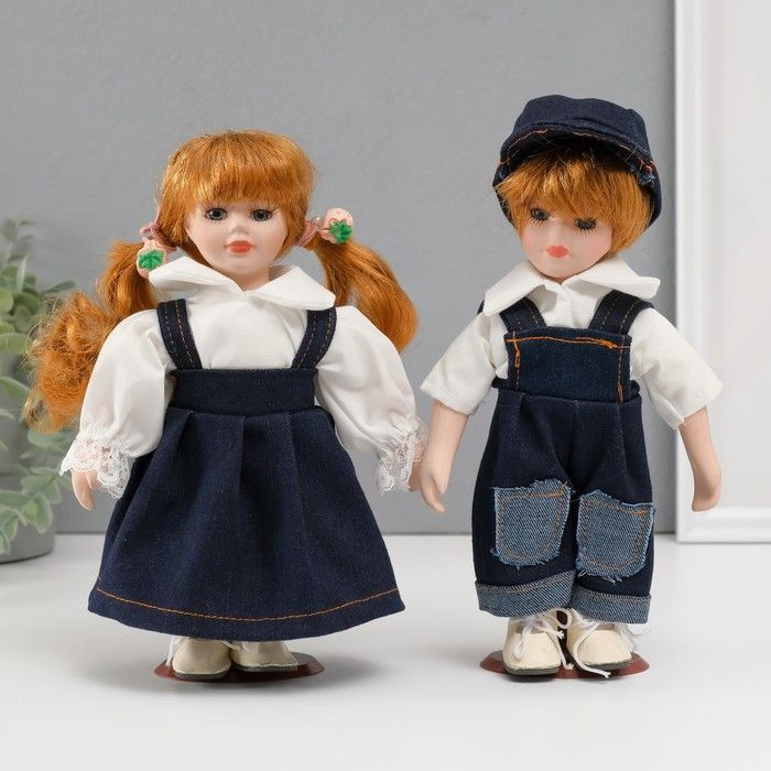 Кукла коллекционная парочка "Оля и Слава, джинсовый наряд" набор 2 шт 19 см  #1