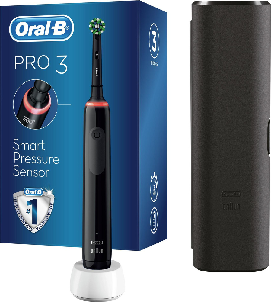 Электрическая зубная щетка Oral-B / Орал-Би Pro 3 средняя пластиковая черного цвета 3 режима + чехол #1