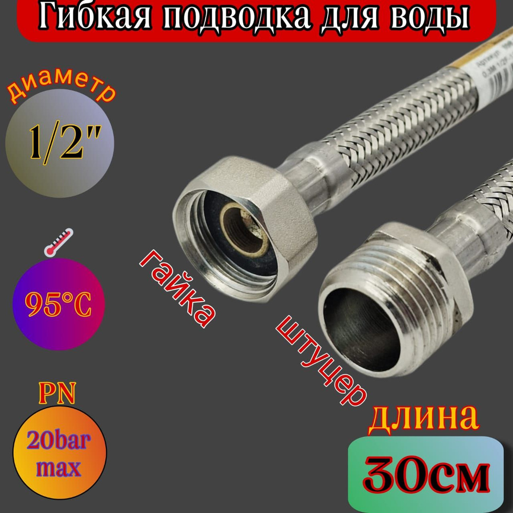 Гибкая подводка для холодной и горячей воды Imperial 1/2". 30см-Г/Ш  #1