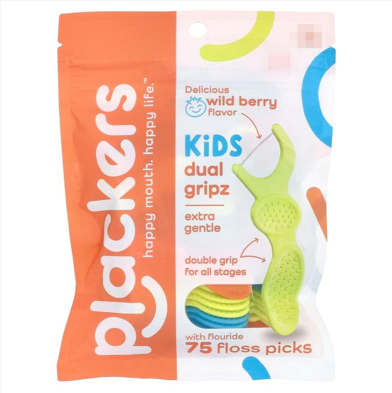 Plackers, Dual Gripz, детские зубочистки с нитью, очень мягкая, с фторидом, лесная ягода, 75 шт  #1