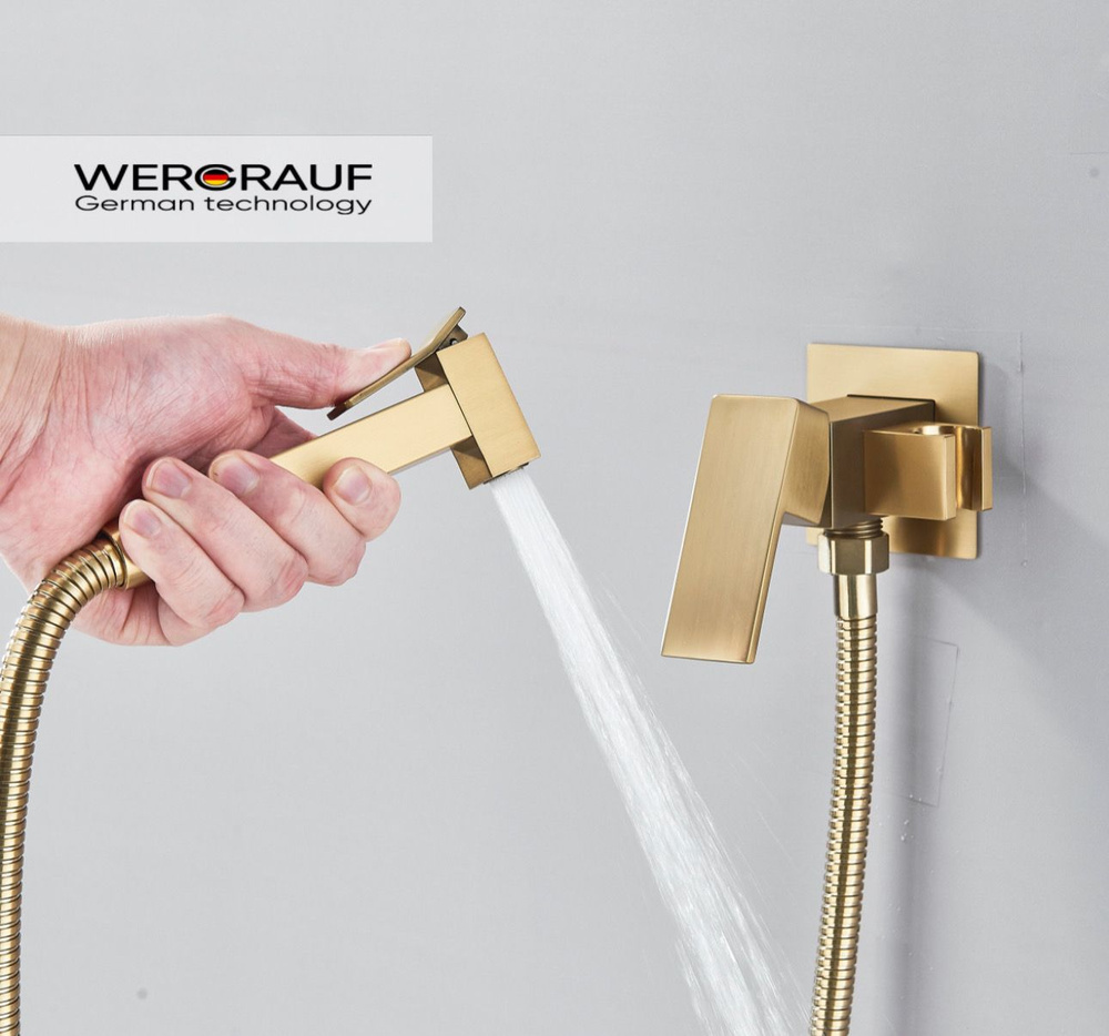 Смеситель с гигиеническим душем Wergrauf FH-01G. Гигиенический душ. Биде душ матовое золото  #1