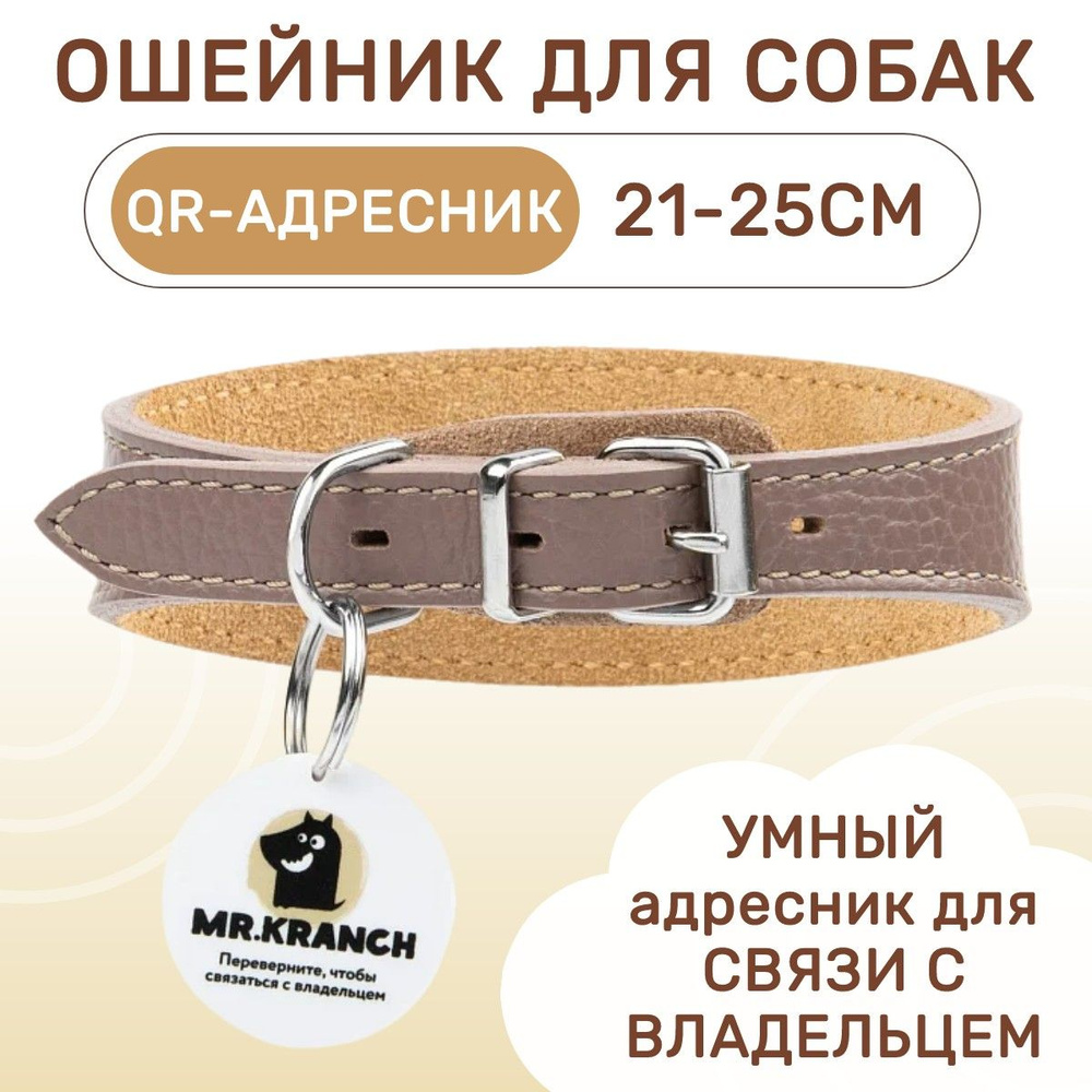 Ошейник-селедка Mr.Kranch для собак из натуральной кожи с QR-адресником, 21-25 см, бежевый  #1