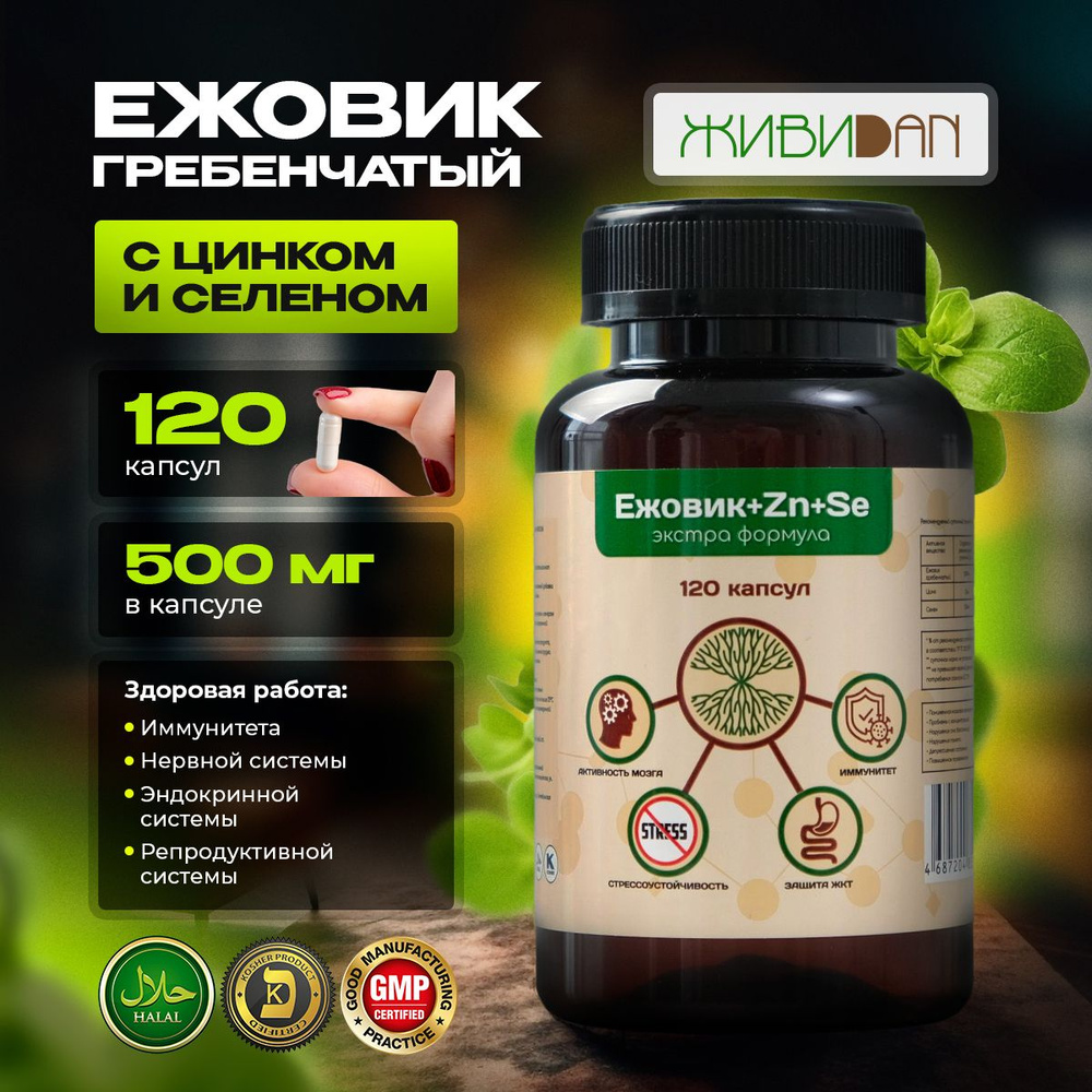 Ежовик Гребенчатый 500 мг, селен, цинк 120 капсул, ЖИВИДАН #1