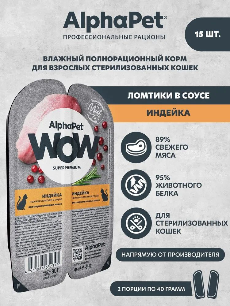 Влажный (консервированный) корм AlphaPet (АльфаПет) WOW для стерелизованных кошек - Индейка (ломтики #1