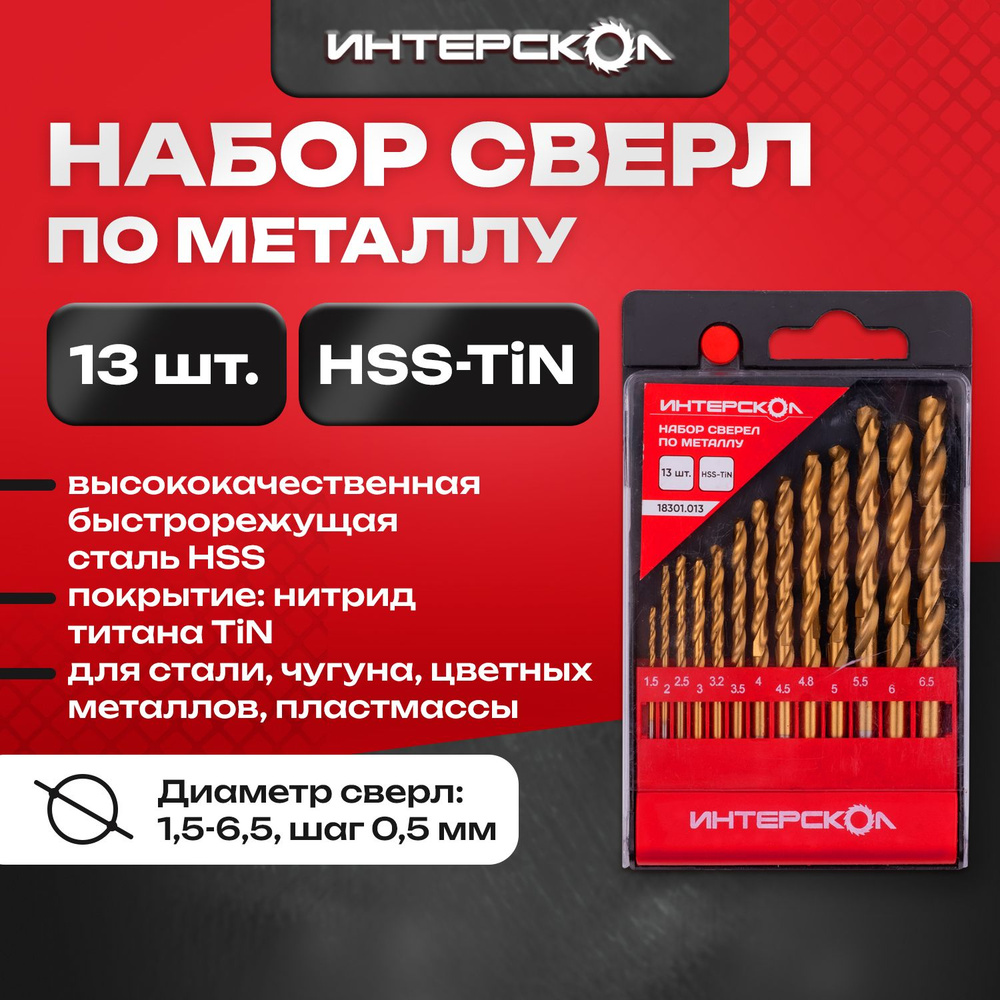 Набор сверел по металлу HSS-TiN 13 шт, 18301.013, Интерскол #1