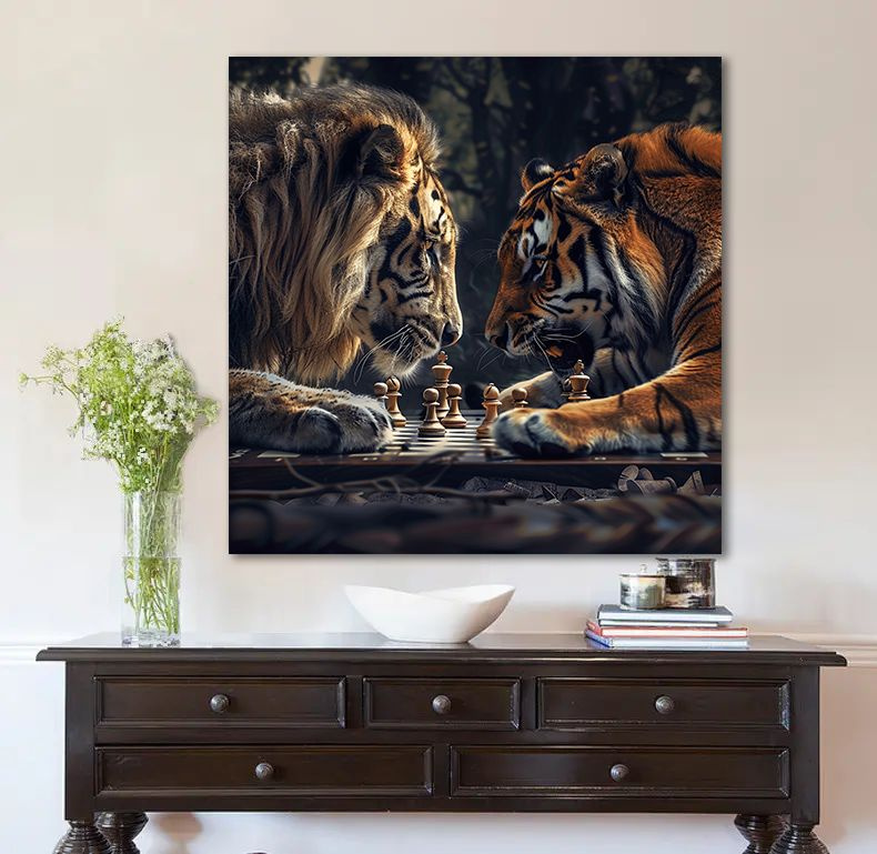 Большая картина Лев и тигр, 80х80 см. #1