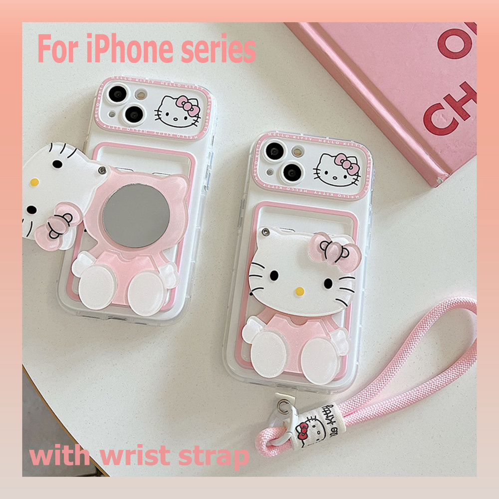 Для Apple iPhone 11 12 13 14 15 Pro Promax Hello Kitty зеркальный чехол с розовым ремешком на запястье, #1