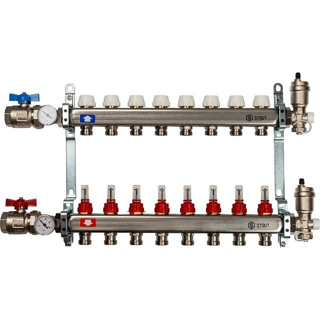 Коллектор из нержавеющей стали с расходомерами, с шаровыми кранами, клапаном выпуска воздуха и сливом #1