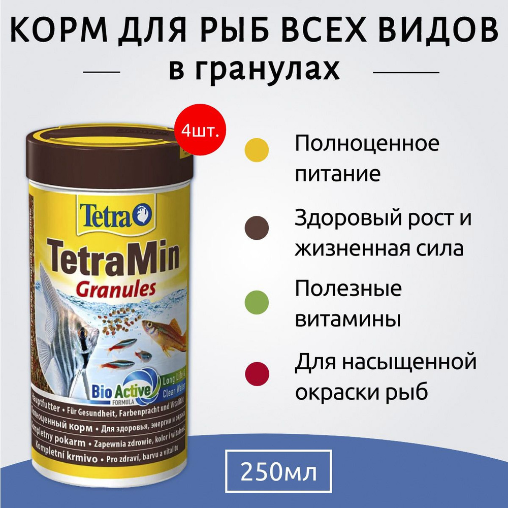 Tetra Min Granules 1000 мл (4 упаковки по 250 мл) корм для всех видов рыб в гранулах. ТетраМин Гранулес #1