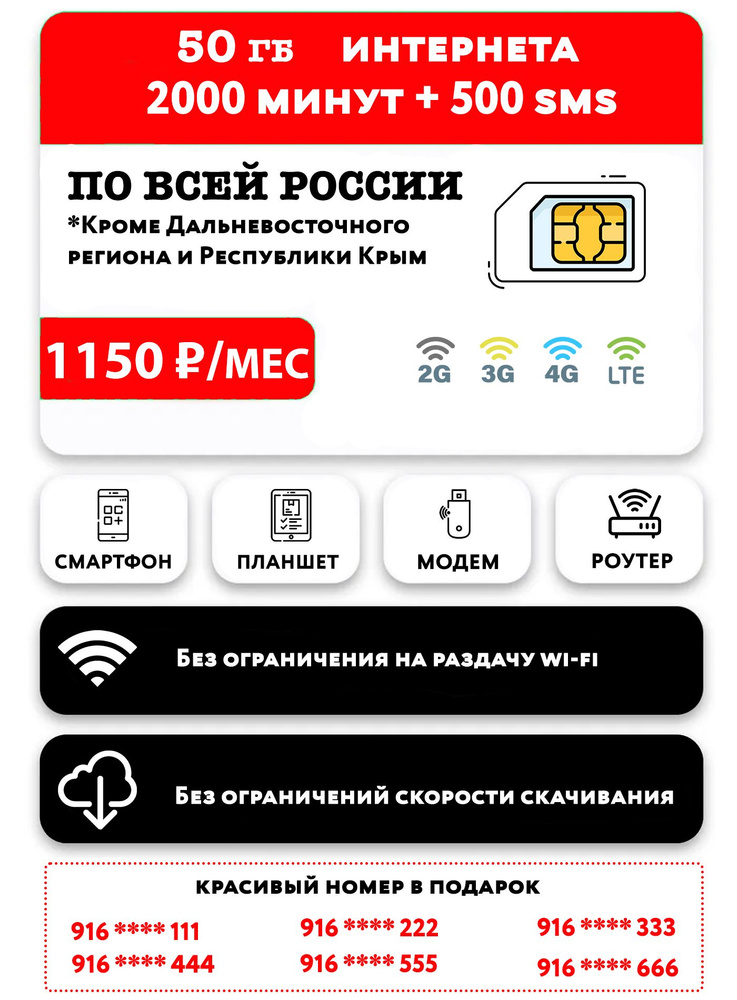 SIM-карта SIM-карта 50 гб интернета 3G/4G/LTE, 1200 мин + 50 SMS за 1150 руб/мес (смартфоны, планшеты, #1