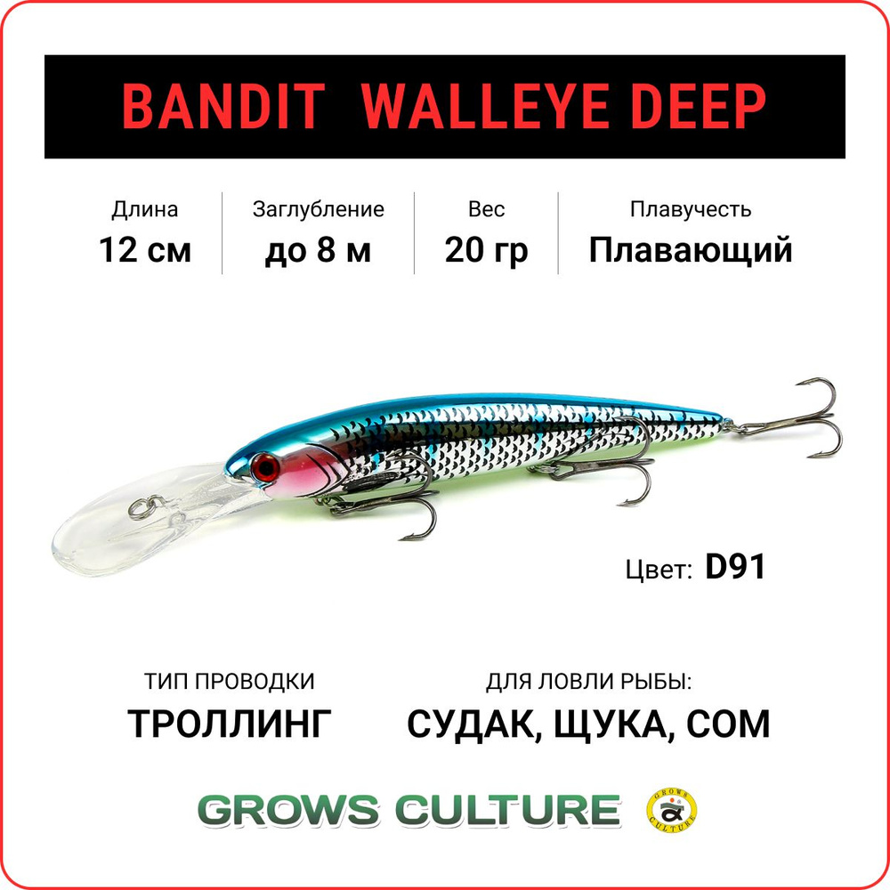 Воблер для троллинга Grows Culture BANDIT WALLEYE DEEP 120F цв. D91, заглубление до 8 метров, воблер #1